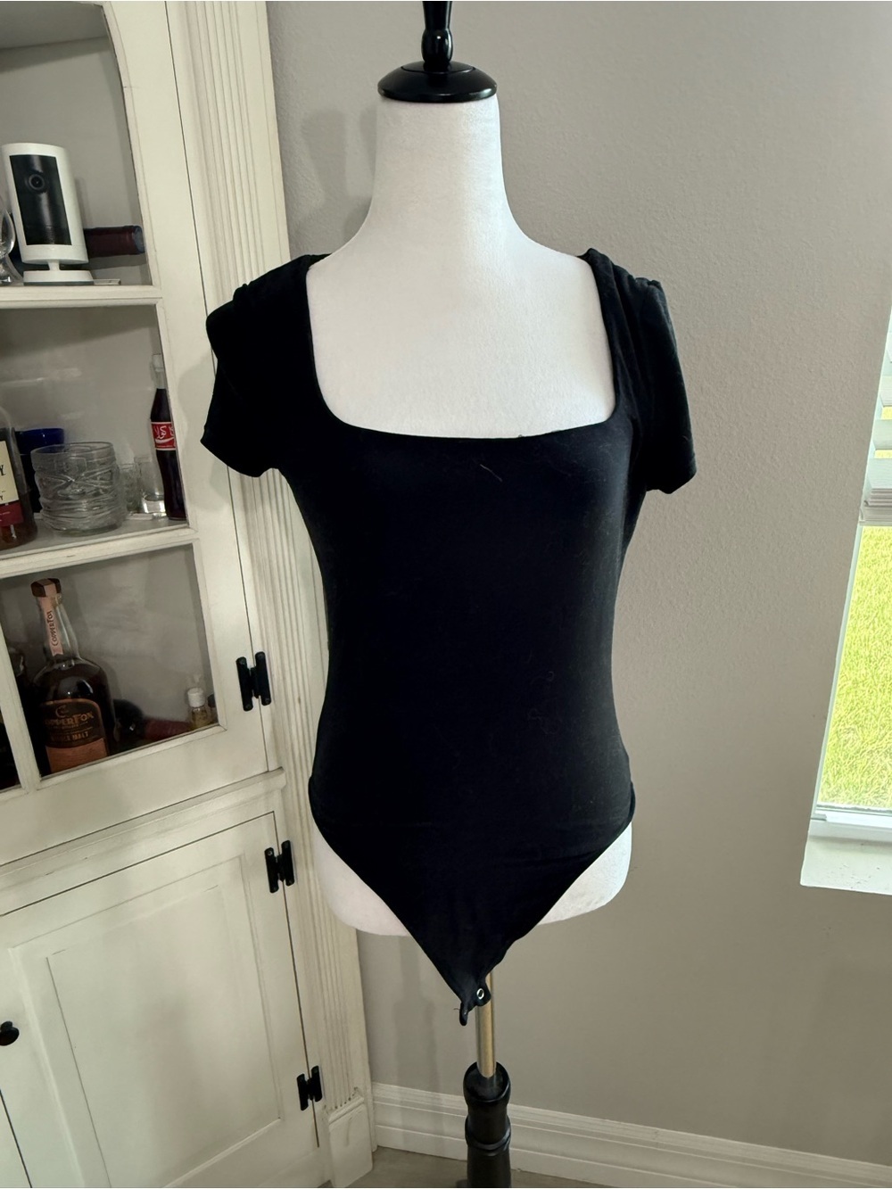Pink Rose Black Square Neck Short Sleeve Bodysuit